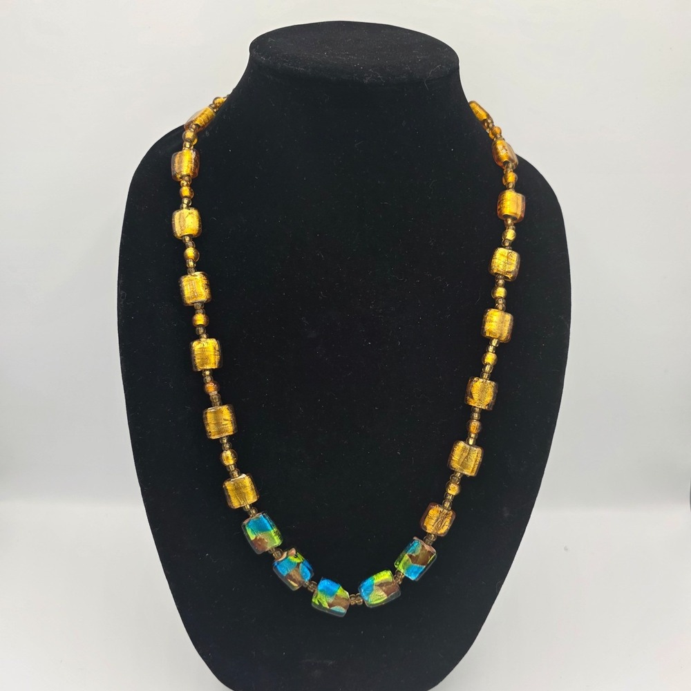 Vintage‎ Womens Gold Blue Rectangle Glass Beaded Necklace Boho 25" Quiet Luxury